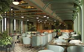 Modernes Restaurant mit Pflanzen und stilvollen Möbeln.