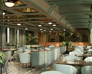 Modernes Restaurant mit Pflanzen und stilvollem Mobiliar.